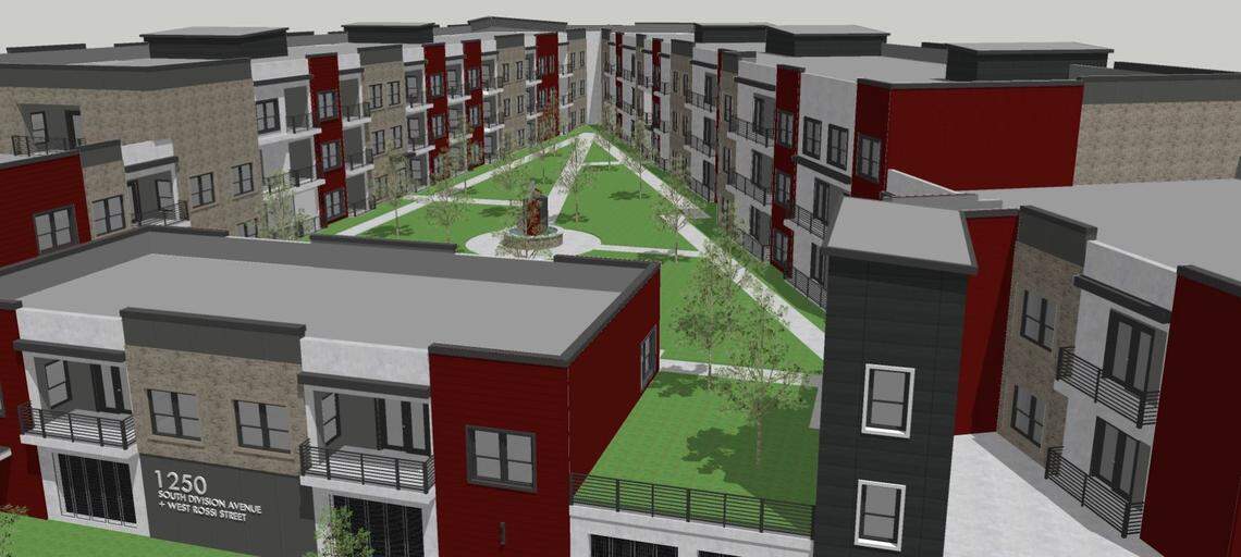 Previous plans for the four-story apartments on Division Avenue, at Beacon and Rossi streets, called for a second-floor courtyard above the ground-floor parking garage and offices. Those plans have been nixed.