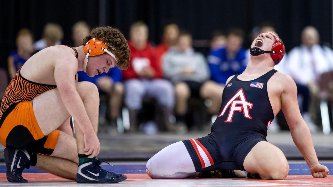 American Falls 220-pound wrestler Wyatt Kearn screams in victory after defeating Fruitland’s Greg Gissel in the 3A state wrestling championship Saturday, Feb. 29, 2020 at Ford Idaho Center in Nampa.