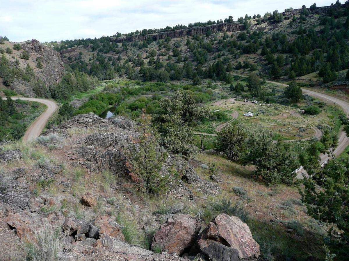 Travelers along the Owyhee Byway can stop at the North Fork of the Owyhee River and camp at a U.S. Bureau of Land Management campground with tables, an outhouse and concrete camping pads. 