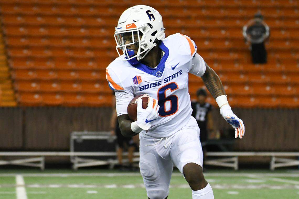 Boise State receiver CT Thomas caught three passes for 56 yards against Hawaii. He also threw a 3-yard TD pass to fellow receiver Khalil Shakir.