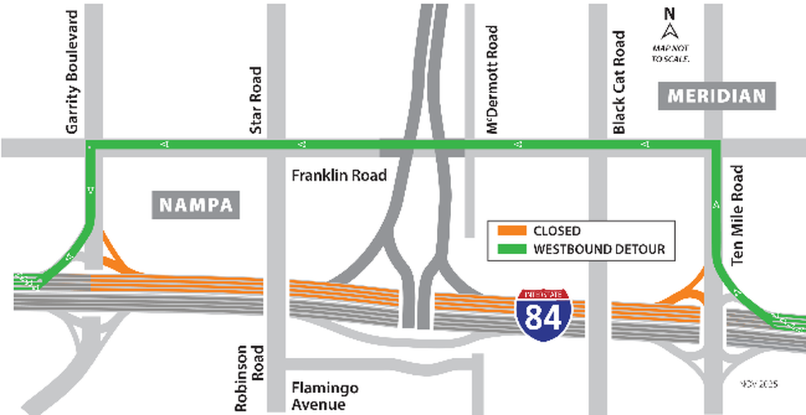 Drivers exiting I-84 at Ten Mile Road will have to detour to Franklin Road to continue west during the nightly closures from Thursday, Jan. 22 to Monday, Jan. 26.