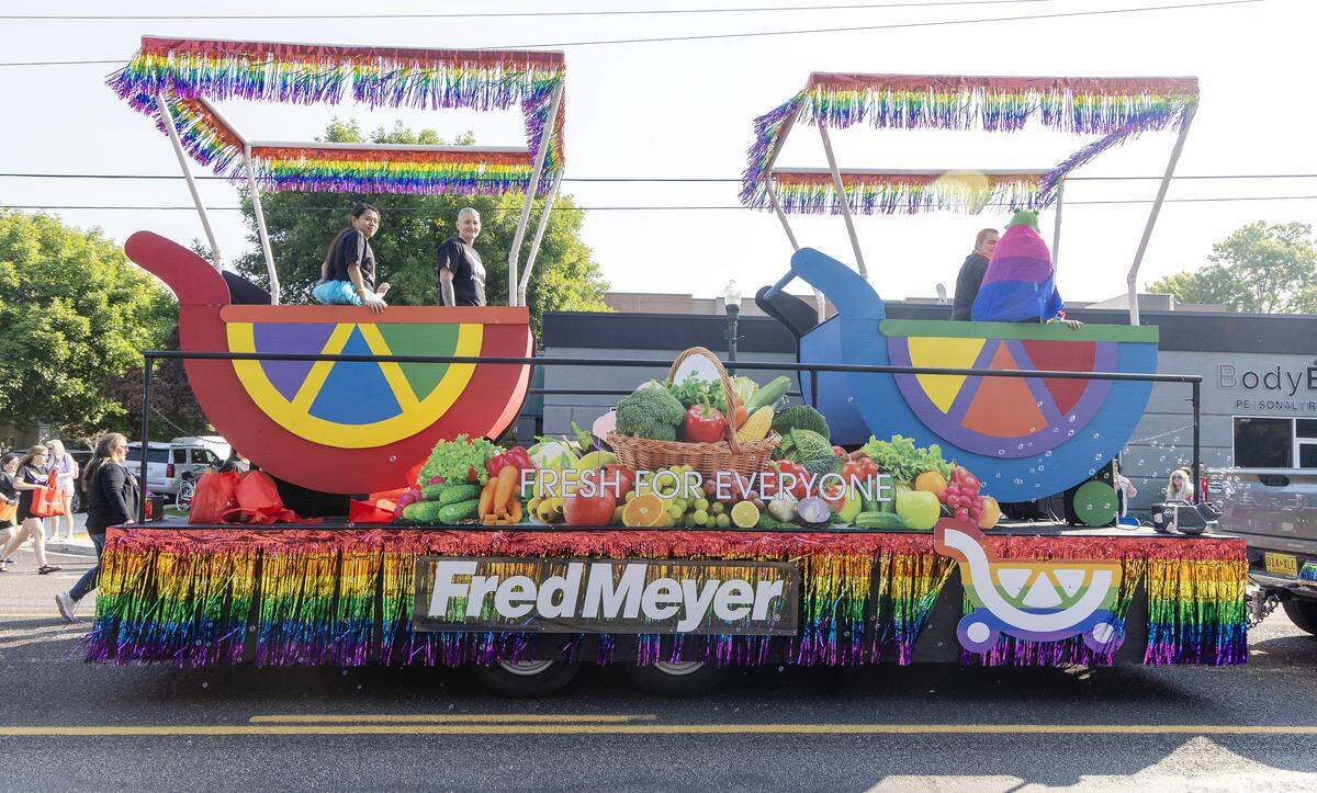 Grocery store Fred Meyer sponsors a float in the Boise Pride parade.