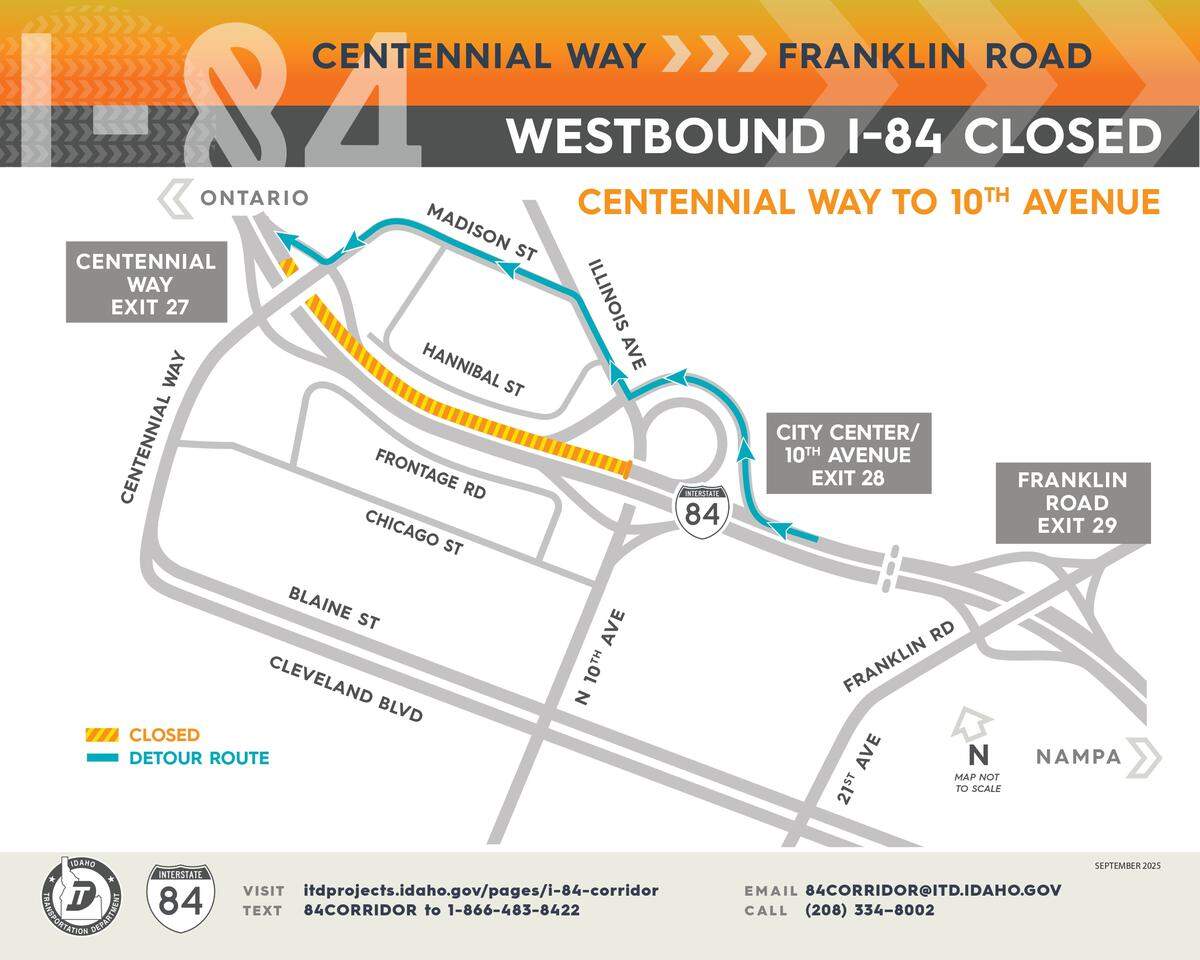 Westbound Interstate 84 will be closed between 10th Avenue and Centennial Way.