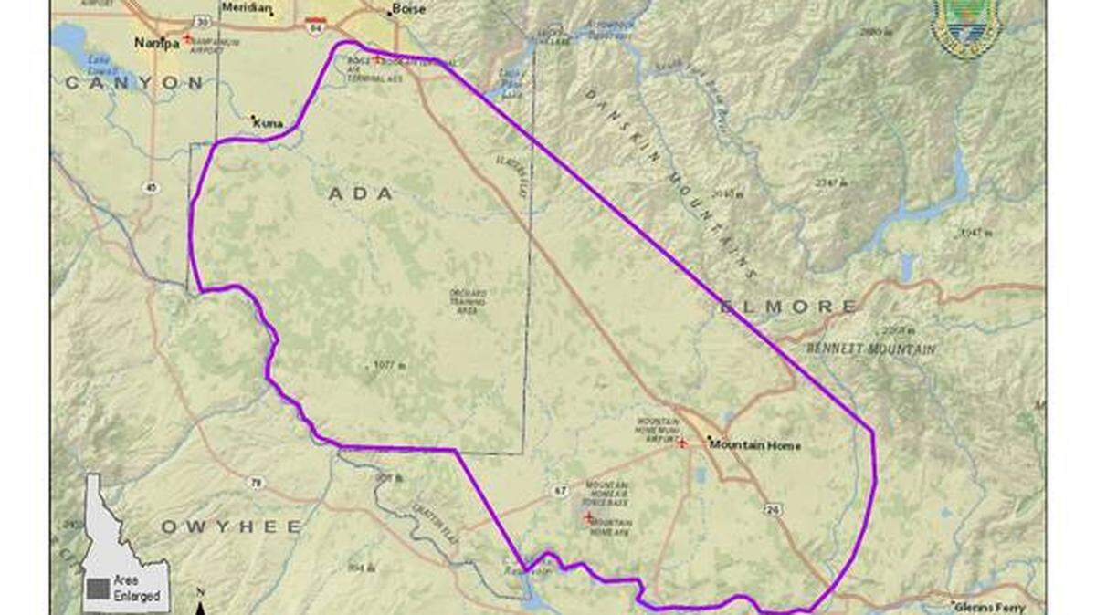 This map shows the potential plague affected area in southwest Idaho, which largely includes Elmore and Ada counties.