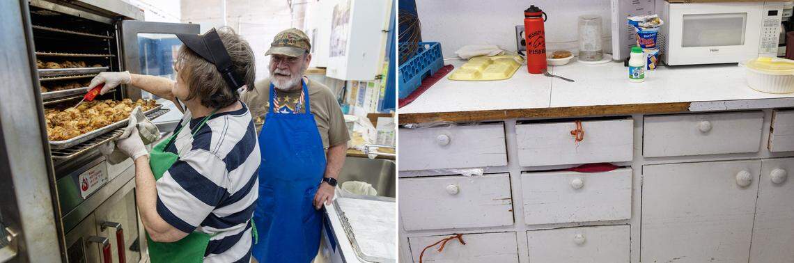First Image: Head cook Becky Harbaugh and cook Rick Palmer prepare food for lunch. Second image: In the elementary school kitchen, drawers and cabinets have pieces of string in place of handles.