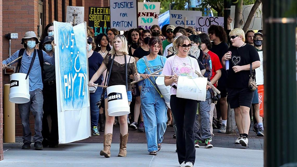 Protesters march around Boise City Hall decrying the fatal shooting of Payton Wasson by Boise Police. Organized by Black Lives Matter, the protest Friday, June 30, 2023, was in response to the shooting of Wasson who ran from an attempted arrest in the early hours of June 26.