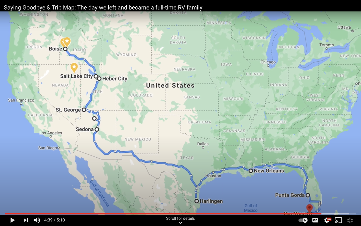 The Morse family shared this route in an early video. By November, they had arrived in Florida, where they planned to spend much of the winter months.