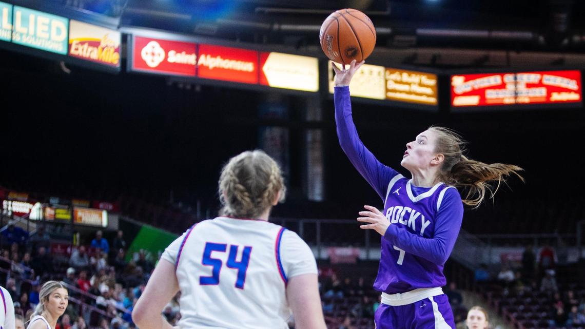 Rocky Mountain senior Zoe Archibald shoots a basket in the first half against Coeur d’Alene in the 5A girls basketball state championship title game at Ford Idaho Center in Nampa, Saturday, Feb. 18, 2023
