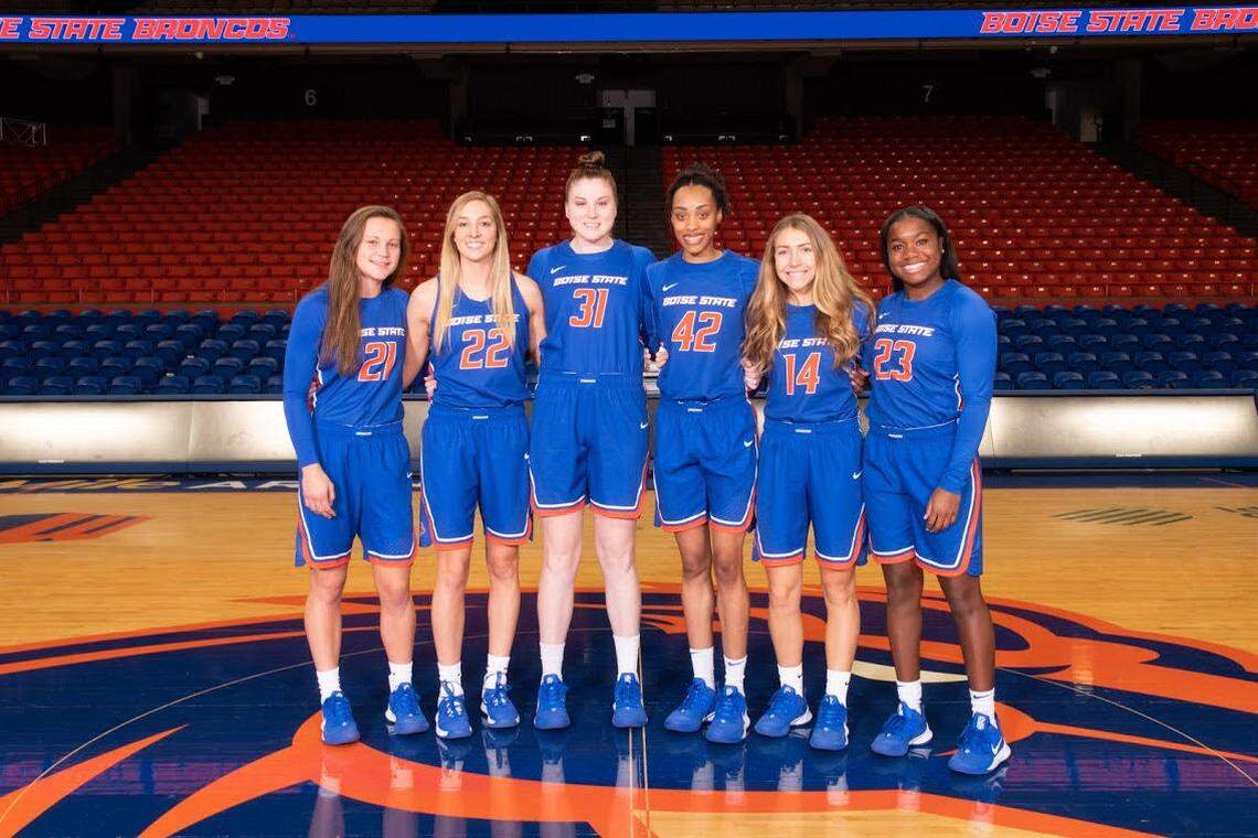 Boise State seniors Riley Lupfer, from left, Ellie Woerner, Marijka Vanderschaaf, A’Shanti Coleman, Braydey Hodgins and Jayde Christopher play the final home game of their collegiate basketball careers against UNLV at 7 p.m. Monday at ExtraMile Arena.