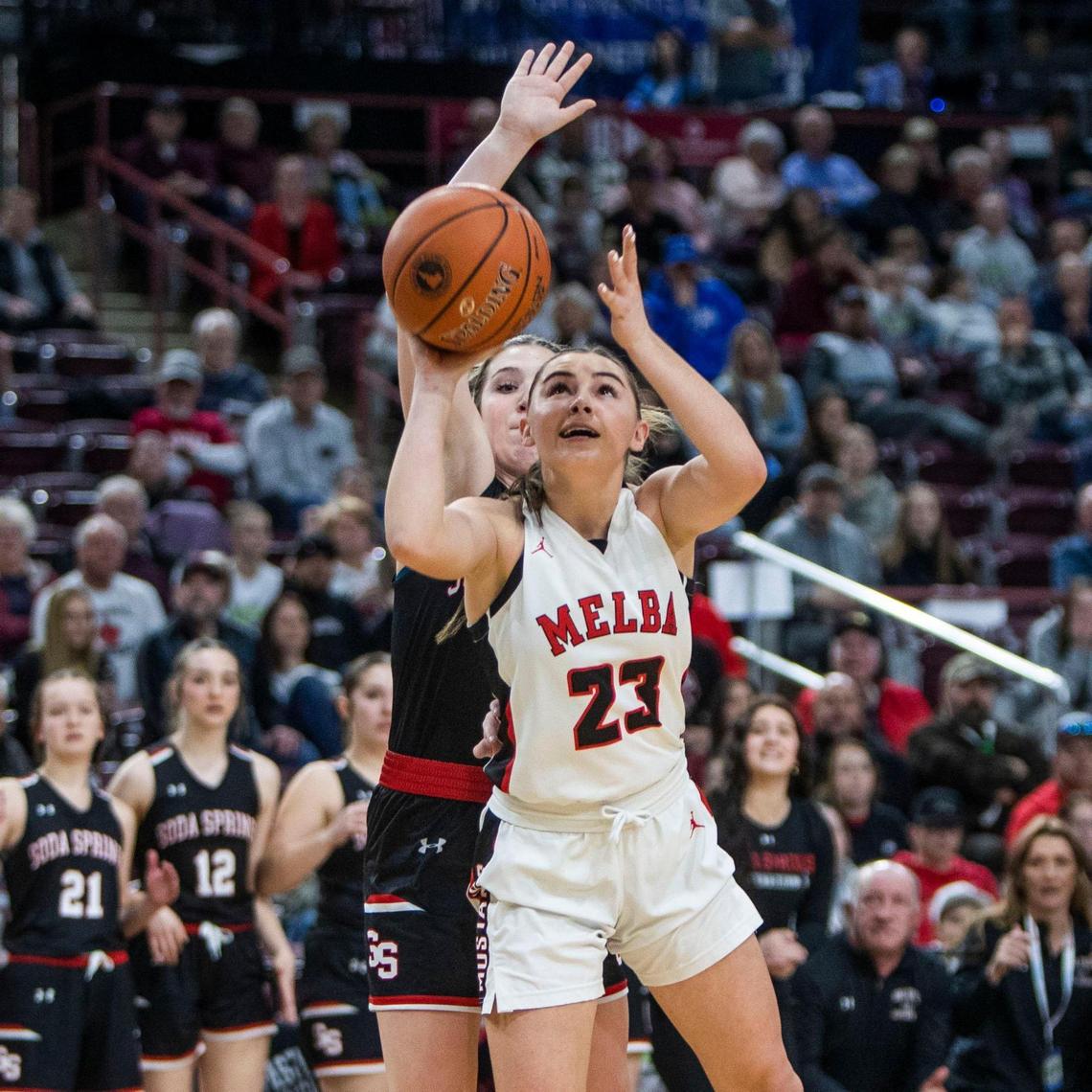 Melba’s Brooklynn Dayley scores in the paint after a steal against Soda Springs in last season’s 2A state championship game at the Ford Idaho Center in Nampa.