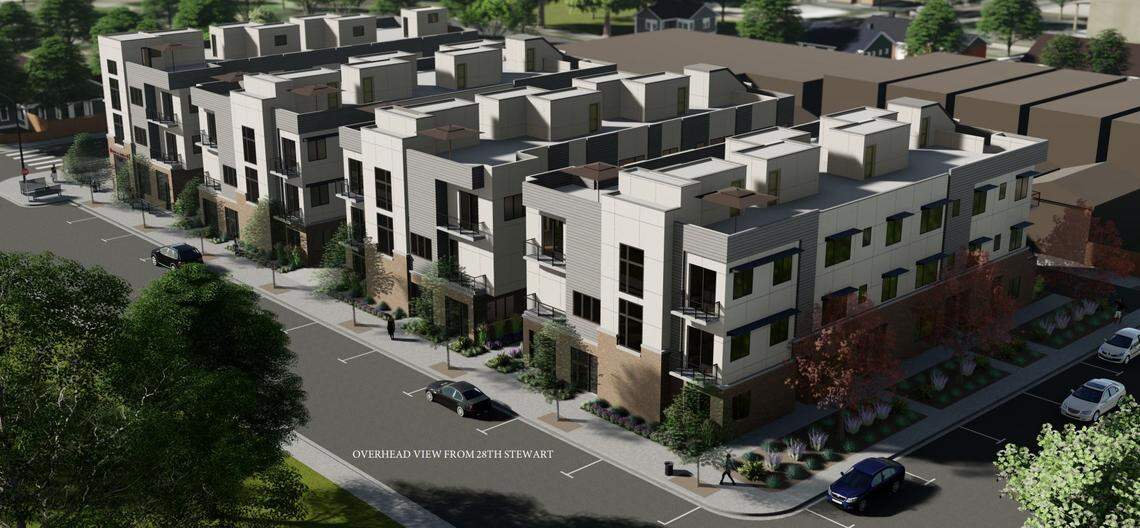 An artist’s rendering of the Corner at Whitewater development at 27th Street and Stewart Avenue in Boise. The three-story units come with rooftop decks.