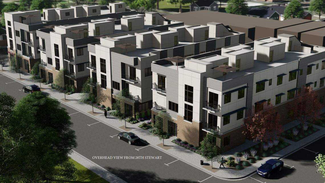 An overhead view of the proposed Whitewater Station development at 27th and Stewart Avenue.
