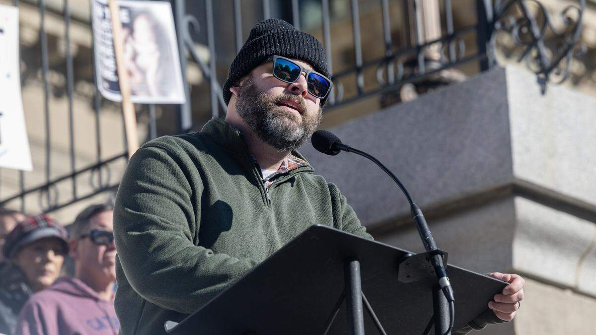 Blaine Conzatti, president of the Idaho Family Policy Center, speaks at a rally against abortion rights at the Idaho Capitol. 