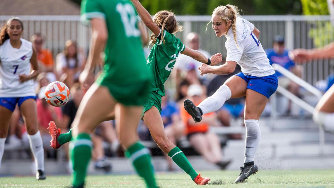 Boise State senior Morgan Stone ties the game at 1-1 in the second half against Utah Valley on Lincoln Field in Boise, Thursday, Aug. 18, 2022.