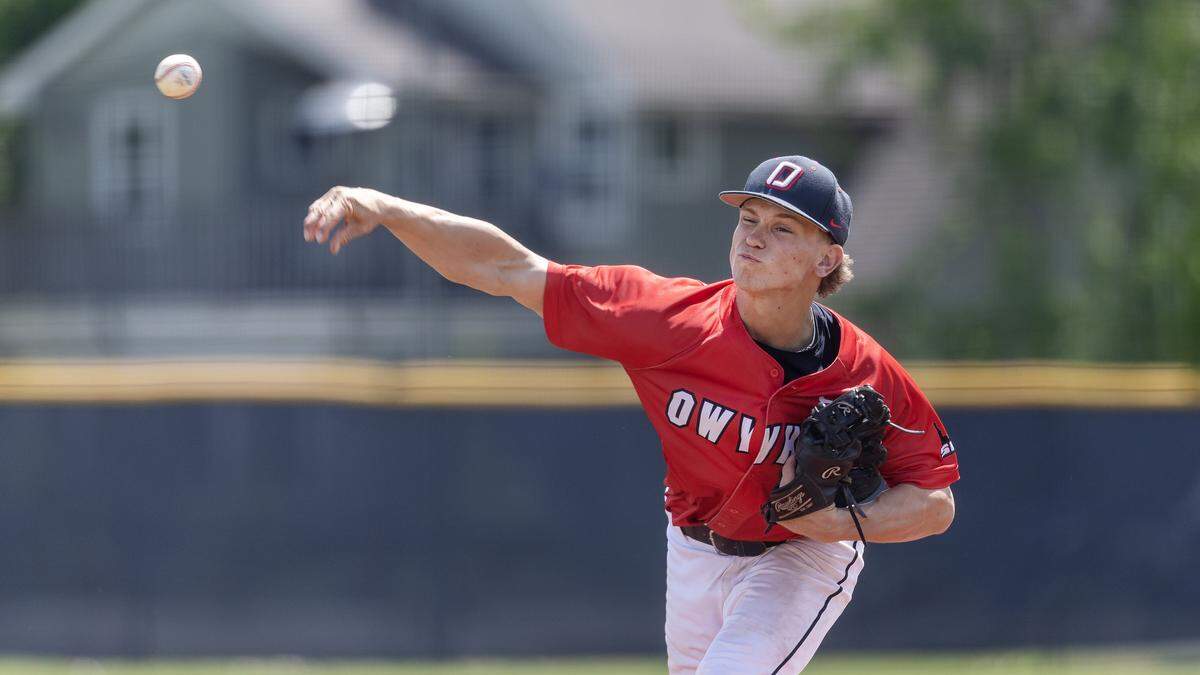 Owyhee senior Nathan Keith pitches during their game against Eagle for the 6A District Three baseball tournament championship title, held at Fort Boise, Saturday, May 2, 2026.