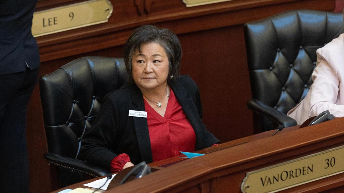Sen. Julie VanOrden, R-Pingree, is shown on the Senate floor in this 2024 file photo.