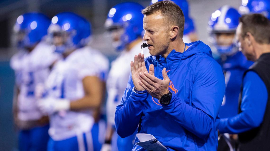 Boise State head football coach Bryan Harsin gets things started during the Broncos’ first spring practice, open to the public, Friday, March 6, 2020 at Albertstons Stadium in Boise.