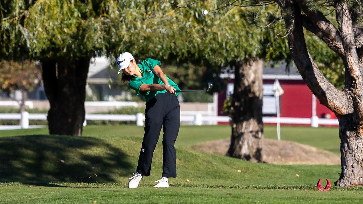Mountain View’s Jada Nguyen tees off during the 6A District Three Girls Golf Tournament on Tuesday. She helped the Mavericks finish second in the team standings and clinch a state berth.