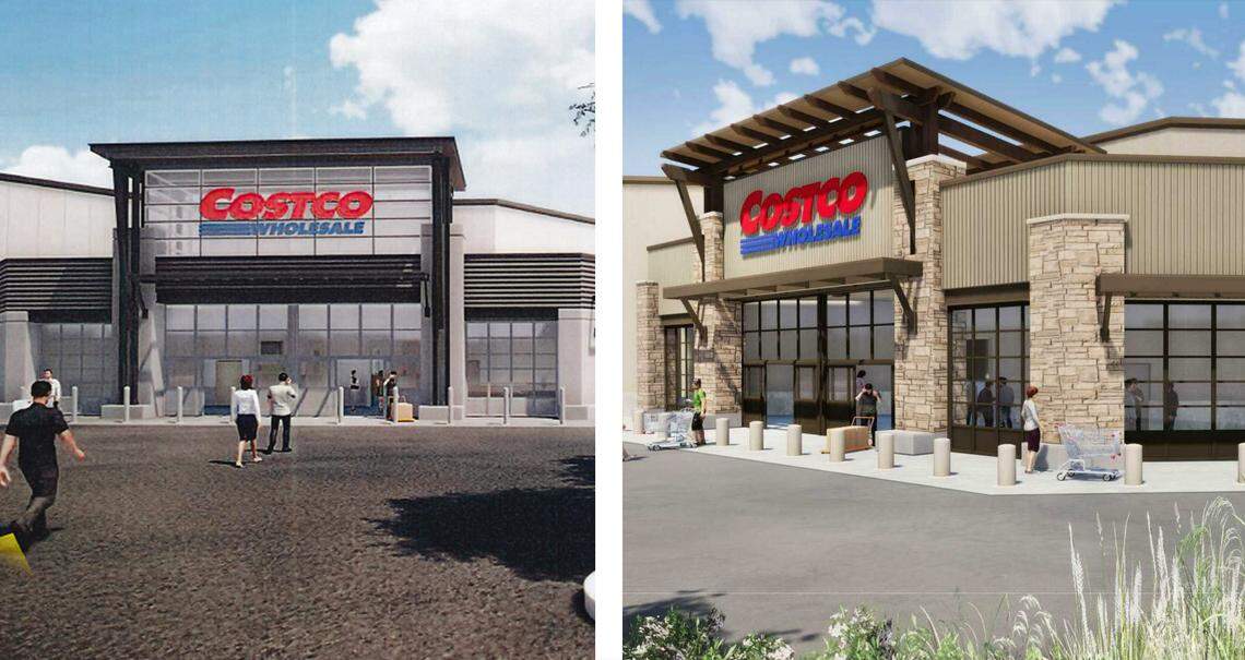 The original design of the proposed Meridian Costco store’s entrance, at left, was redesigned to look warmer and less industrial.