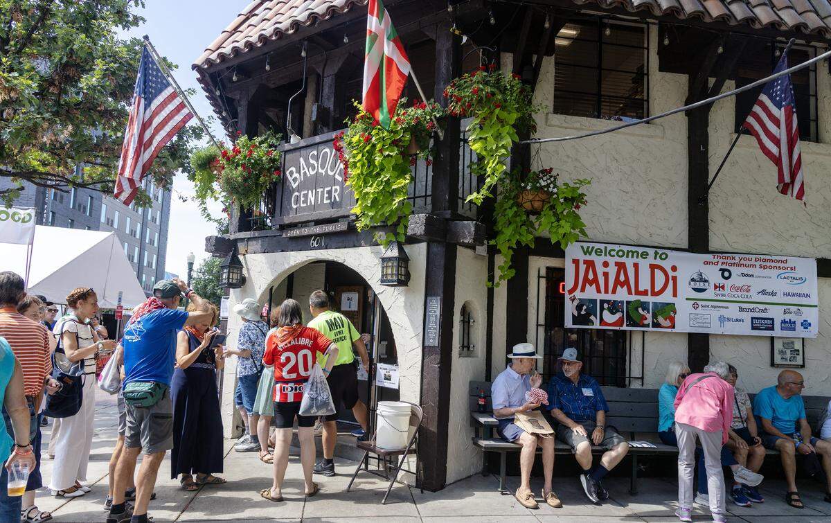People enjoy downtown Boise's Basque Block during Jaialdi, Thursday, July 31, 2025. Jaialdi, the largest Basque cultural festival in the United States, is happening in Boise through Sunday.