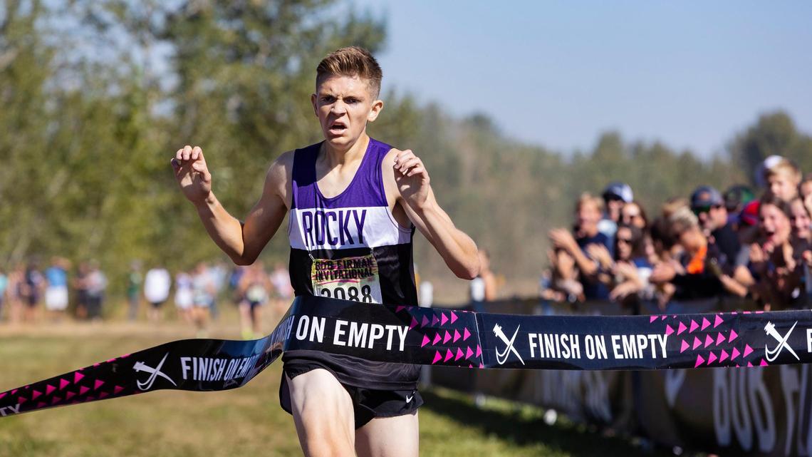 Rocky Mountain’s Landon Heemeyer takes first place in the elite boys race at the Bob Firman Invitational cross country meet at Eagle Island State Park on Saturday.
