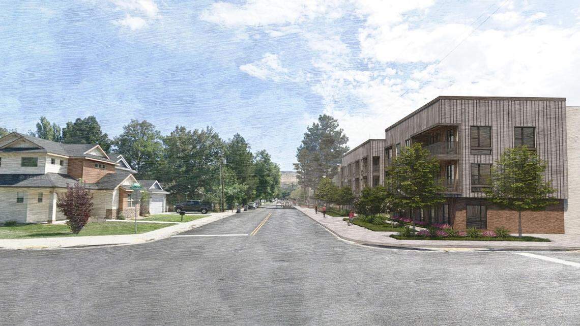 This east-facing rendering looks down Highland Avenue and shows the proposed development at right.