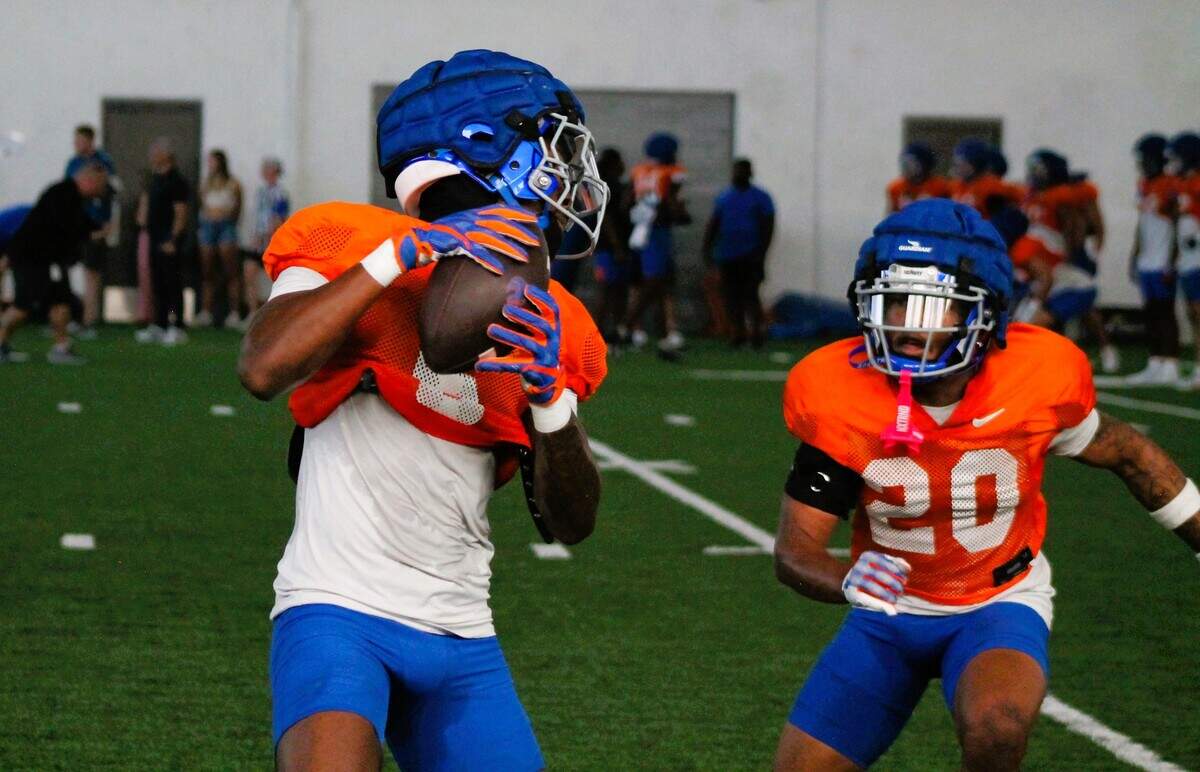 Boise State cornerback Jeremiah Earby catches a pass during a drill in fall camp. Earby earned honorable mention All-Pac 12 honors as a freshman at California.