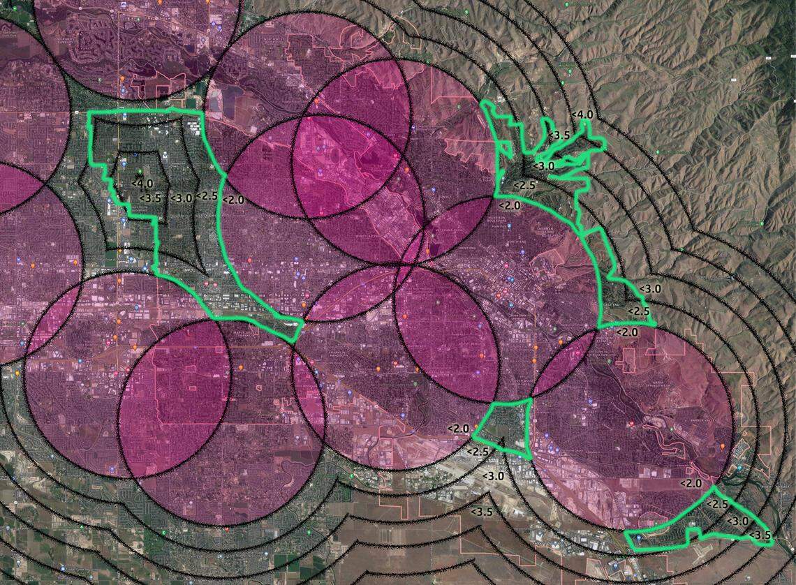 Areas outlined in green, including a chunk of West Boise on the left of the map, are more than two miles away from a public library.