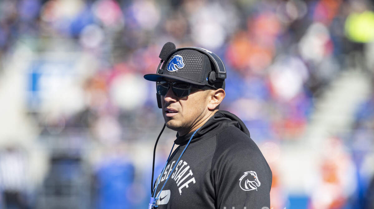 Boise State football coach Andy Avalos looks on during the Broncos’ spring game in April. The Broncos will face Utah State on CBS again this season.