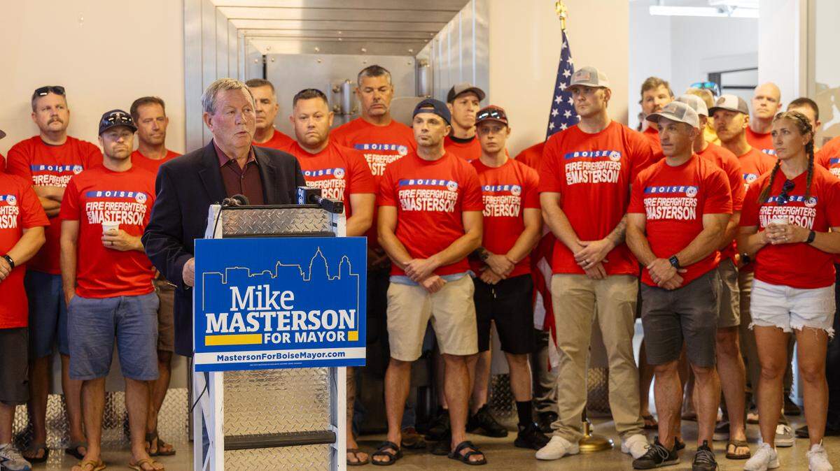 Mike Masterson, a former police chief, speaks about his campaign for mayor of Boise at an endorsement event with representatives from the Firefighters Local #149 union, International Brotherhood of Police Officers Local #486, and Treasure Valley Fraternal Order of Police, Aug. 1.