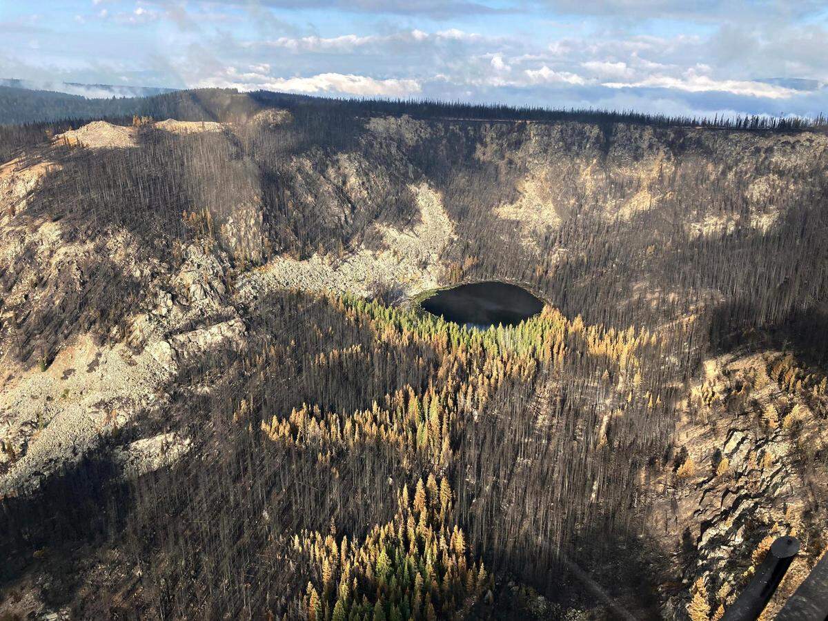 An aerial view of the Wallace Lake and Ridge Road area near Salmon, Idaho, on Sept. 16, 2022, shows forest burned by the Moose Fire.