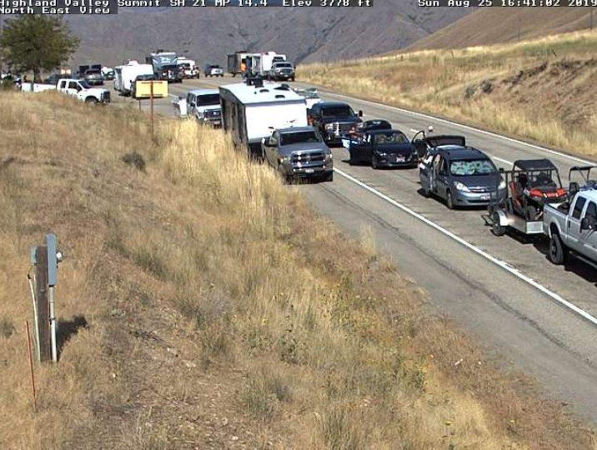 Idaho Transportation Department traffic cameras show vehicles backed up on southbound Idaho 21 near Highland Valley Summit on Sunday, Aug. 25. The road was closed due to a “significant” two-vehicle crash.