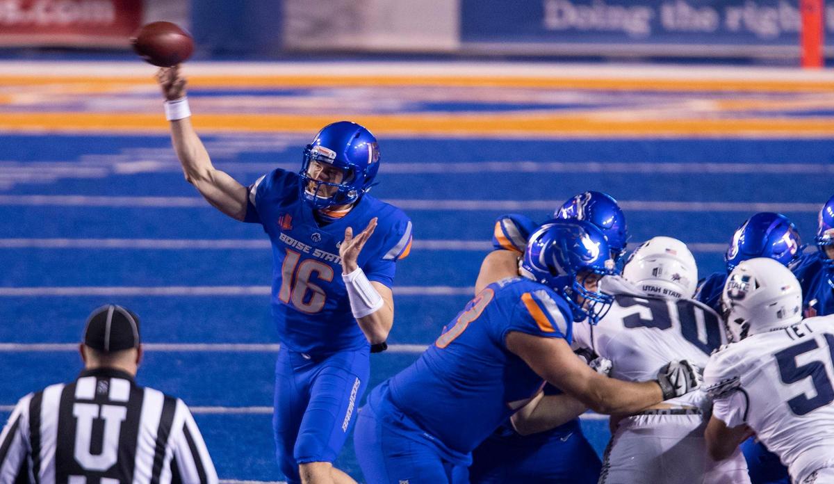 Boise State quarterback Jack Sears (16) passes with protection from his offensive line in the Broncos’ 42-13 Mountain West Conference win over Utah State Saturday, Oct. 24, 2020 at Albertsons Stadium in Boise.