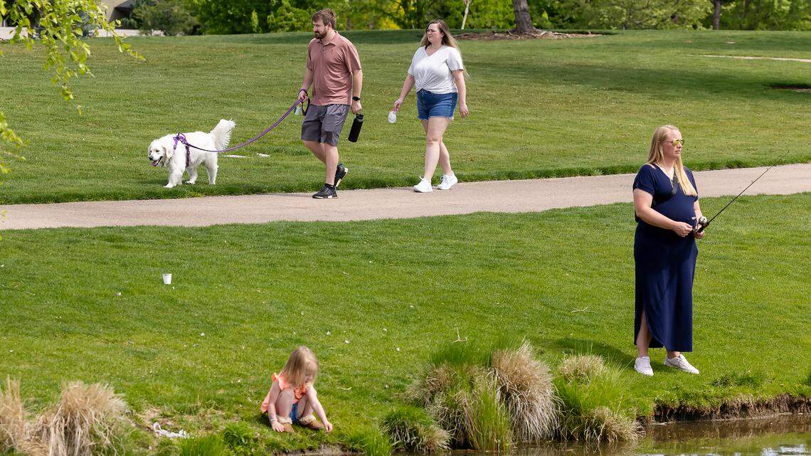 People fish and walk at Kleiner Park in Meridian on May 10, 2025.