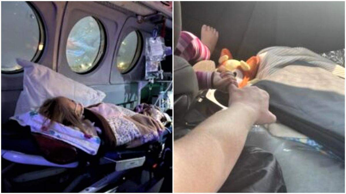 Left: Charlotte McCabe, 2, is transported from St. Luke’s in Boise to Primary Children’s Hospital in Salt Lake City via an Air St. Luke’s plane on Aug. 24 after a battle with COVID-19 caused her liver to nearly fail. Right: Charlotte holds her mother Megan’s hand as the family returns home to Nampa from Salt Lake City.