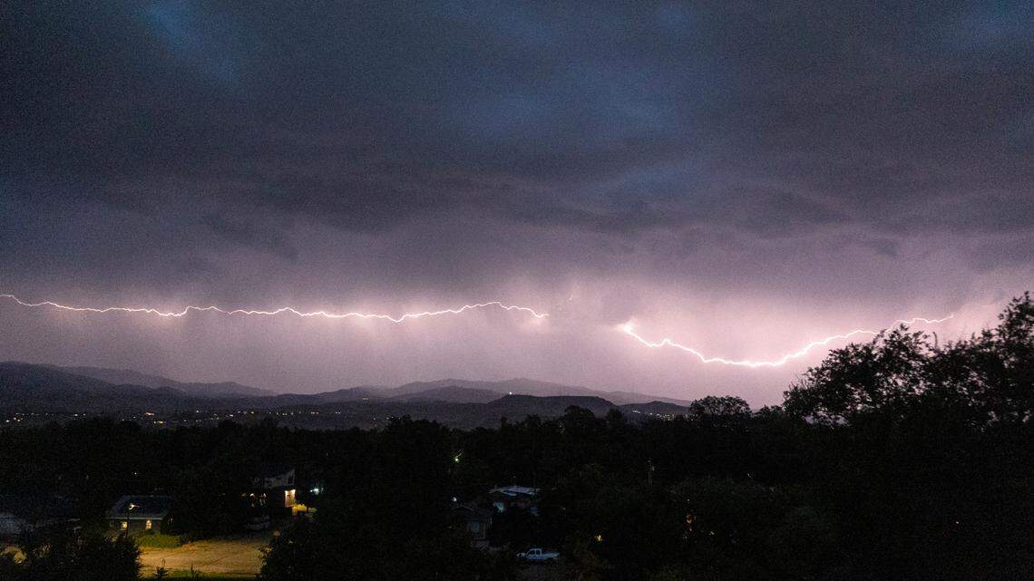 A thunderstorm with heavy lightning moved through Boise, seen here from Federal Way looking north, on Thursday night, Sept. 15, 2022. 