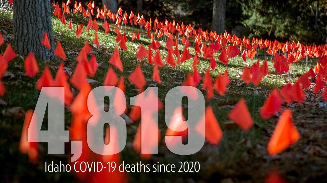 At a Boise home, a flag was placed for each Idahoan whose life was claimed by the coronavirus. Cindy Pollock started a memorial in her front yard in 2020 when the number of Idaho deaths related to COVID-19 was counted in the hundreds. There were more than 800 small flags on her front lawn when this photo was taken Nov. 24, 2020. The memorial has been cleared since then, but if continued, the flags would total over 4,800 today.