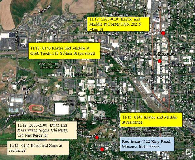 This is a map of Moscow Idaho that shows varying locations and timestamps for the locations of the four University of Idaho students and where they were late Saturday, early Sunday. From 8 p.m. to 9 p.m. Ethan and Xana were at a party at Sigma Chi. This is located at 735 Nez Perce Drive. They were back at the King Road home by 1:45 p.m. From 10 p.m. to 1:30 a.m. Kaylee and Maddie were at the Corner Club. At 1:40 a.m. Kaylee and Maddie were at Grub Truck. At 1:45 p.m. Kaylee and Maddie were back at the King Road home. 
