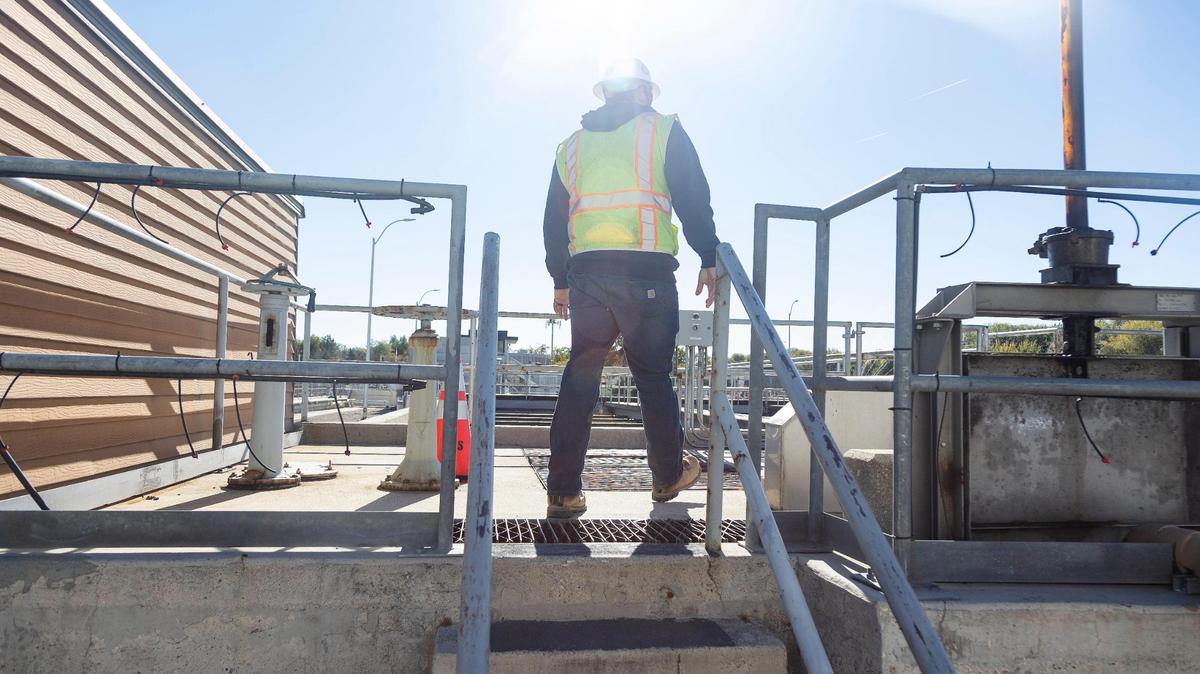 Josh Baker, project manager, points out areas of the Lander Wastewater Treatment that will be repaired or replaced. The facility is in its first phase of repairs and upgrades.