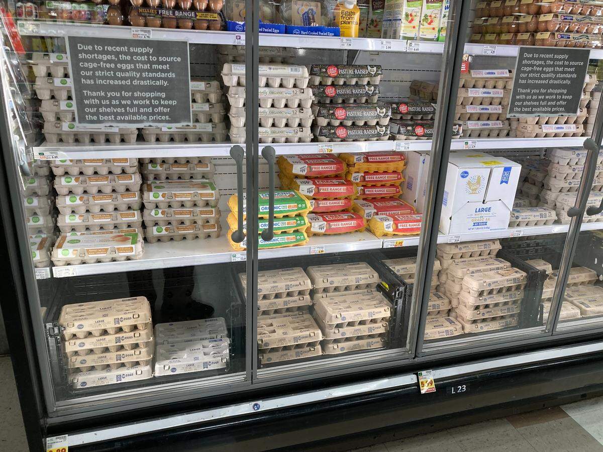Signs posted in the refrigerated section at a Fred Meyer store in Boise warn of cage-free egg shortages.