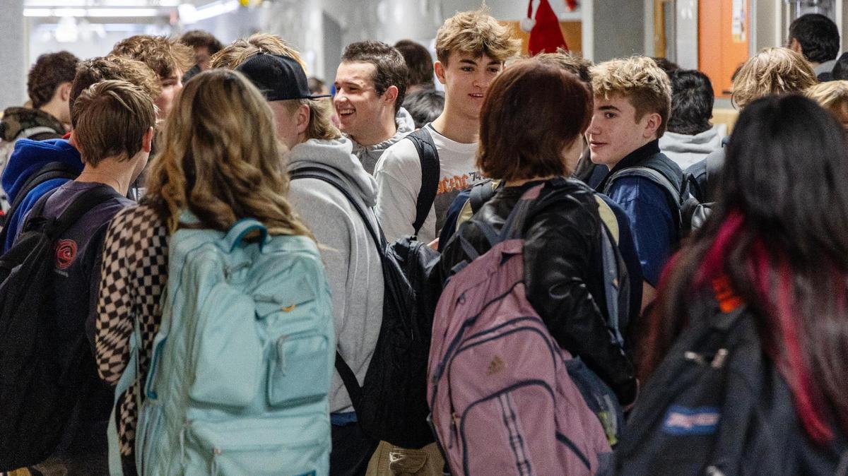 Students navigate crowded hallways between morning classes at Idaho Falls High School in this 2023 file photo.