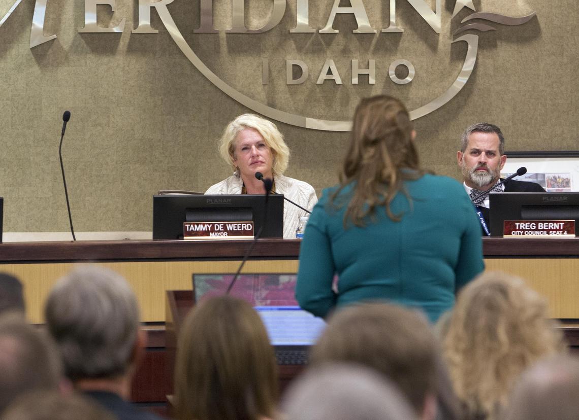 Meridian Mayor Tammy De Weerd and councilman Treg Bernt, along with the rest of the Meridian City Council, hear testimony from Brittany Jones, who opposed adding specific nondiscrimination language for LGBTQ people. She said the inclusion would create a danger for small-business owners who choose not to offer services on religious grounds.