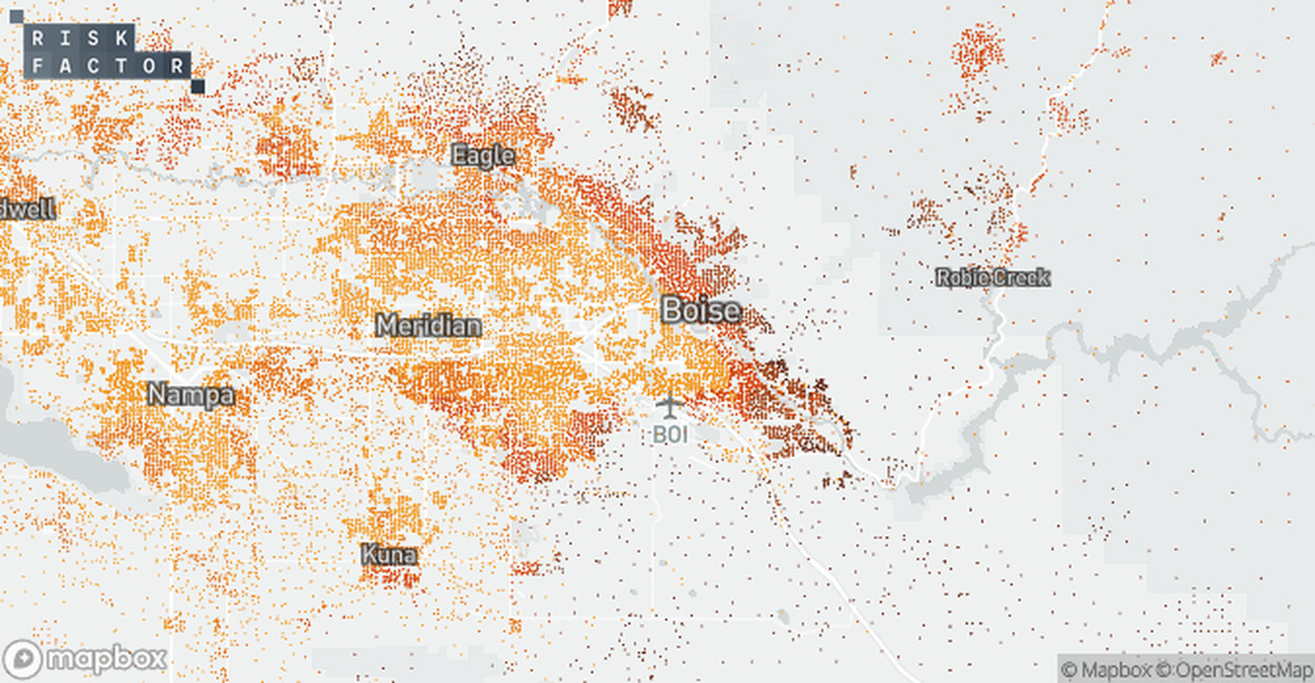 A map of the Treasure Valley on First Street Foundation’s Risk Factor map shows much of the area faces some wildfire risk to property, with more extreme risk (represented by darker red shades) in southeast Boise and the Foothills.