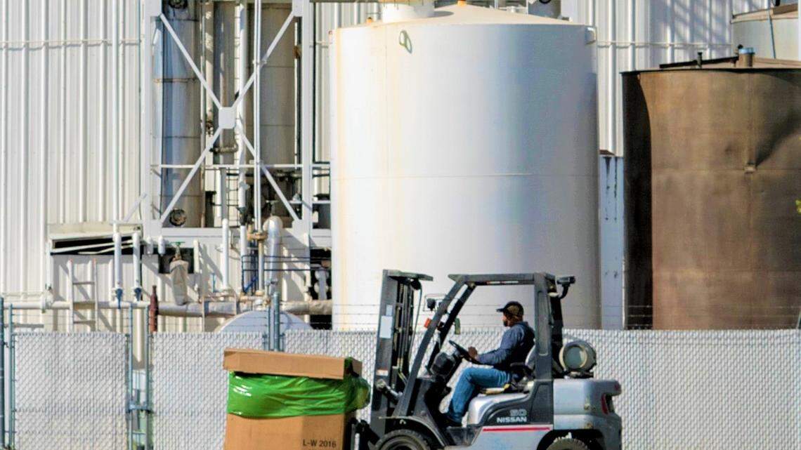A forklift driver works at the Distilled Resources Inc. distillery near Rigby. Drinc is producing hand sanitizer for government agencies in Idaho and other customers amid the coronavirus crisis.