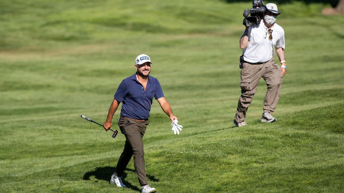 Stephan Jaeger was all smiles after his approach shot landed just a few feet from the hole on No. 18 on Saturday at the Albertsons Boise Open at Hillcrest Country Club. Jaeger takes a one-shot lead into the final round.
