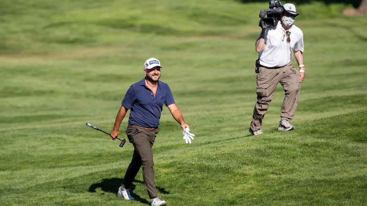 Stephan Jaeger was all smiles after his approach shot landed just a few feet from the hole on No. 18 on Saturday at the Albertsons Boise Open at Hillcrest Country Club. Jaeger takes a one-shot lead into the final round.
