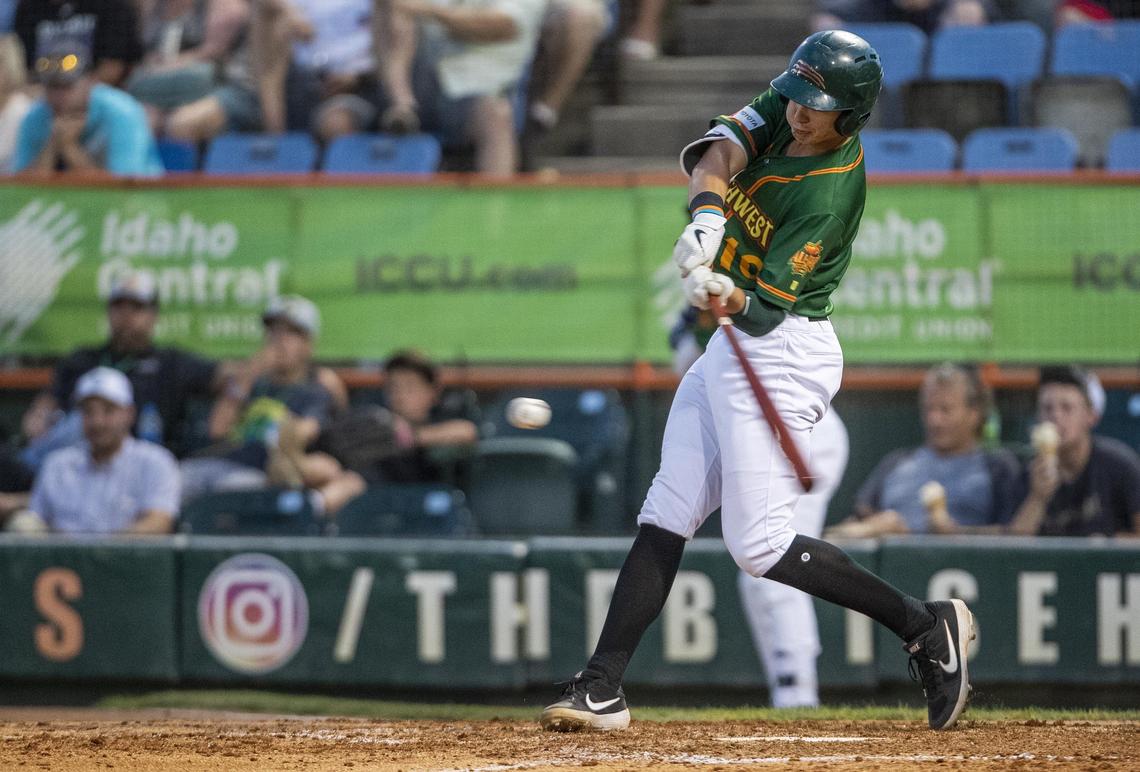 Boise Hawks first baseman Michael Toglia singles during the Northwest-Pioneer League All-Star Game on Aug. 6, 2019, at Memorial Stadium.