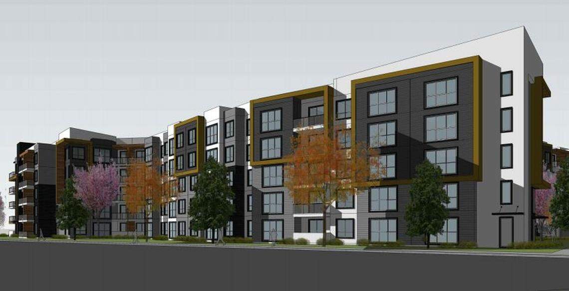 This artist’s rendering shows the proposed Park Place apartments on the north bank of the Boise River.