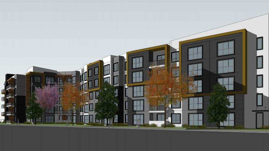 An artist’s drawing shows the proposed Park Place apartments on the north bank of the Boise River.