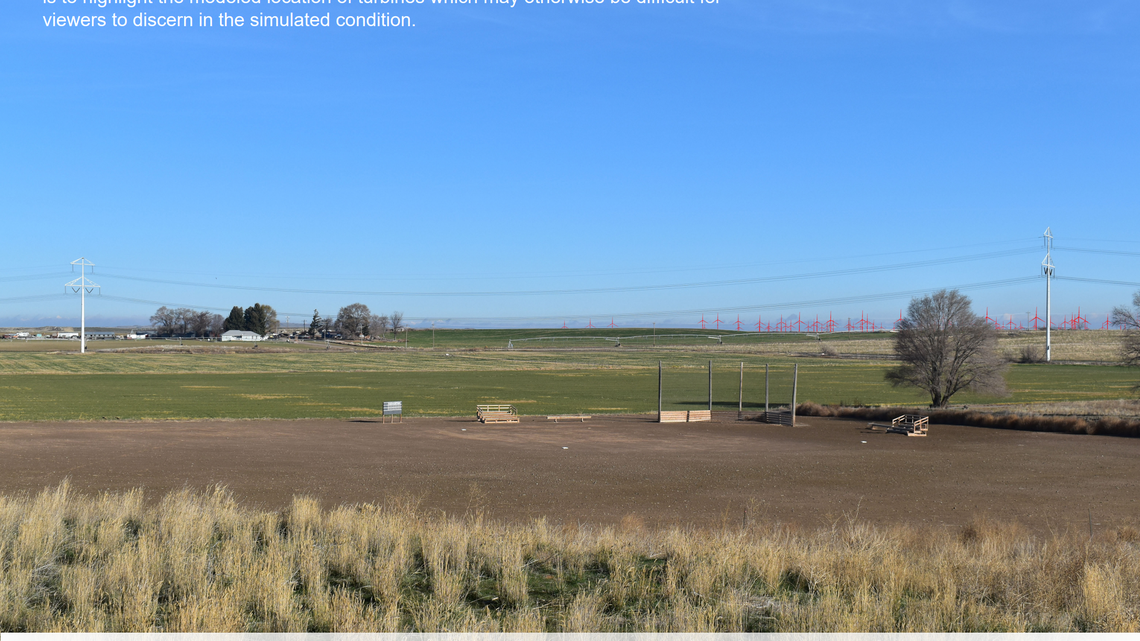 A visual simulation showing what the nearest turbine siting corridor would look like from the Minidoka National Historic Site visitors center under Alternative C.